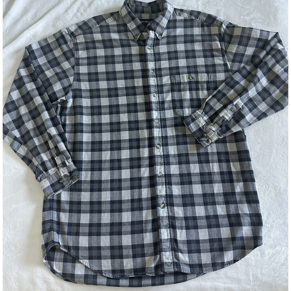 Eddie Bauer Flannel Shirt Mens Large Tall LT Black White Plaid Cotton Button Up